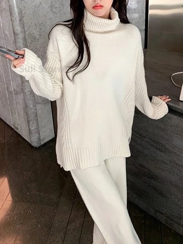 Getadme Sweater Set Warm suit for Women Winter Knitted Suits 2 Piece Set Soild Turtleneck Sweater + Loose Trousers Office Lady Suit